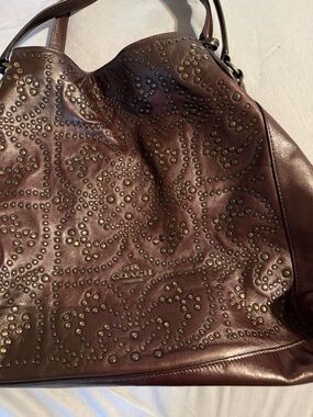 Coach Brown Leather Studded Tote with Brass Accents great condition